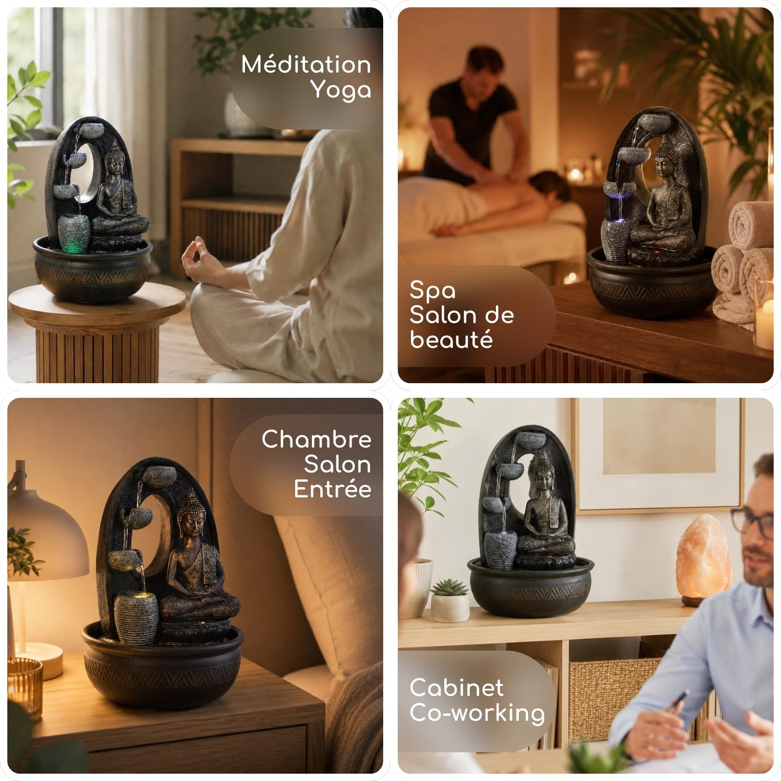 Fontaine d’Intérieur Bouddha Harmonie – Fontaine à Eau avec 2 Éclairages LED Colorés – Pompe Silencieuse – Statuette Amovible – Idée Cadeau pour Ambiance Zen et Relaxante – Hauteur : 40cm – Zen’Light