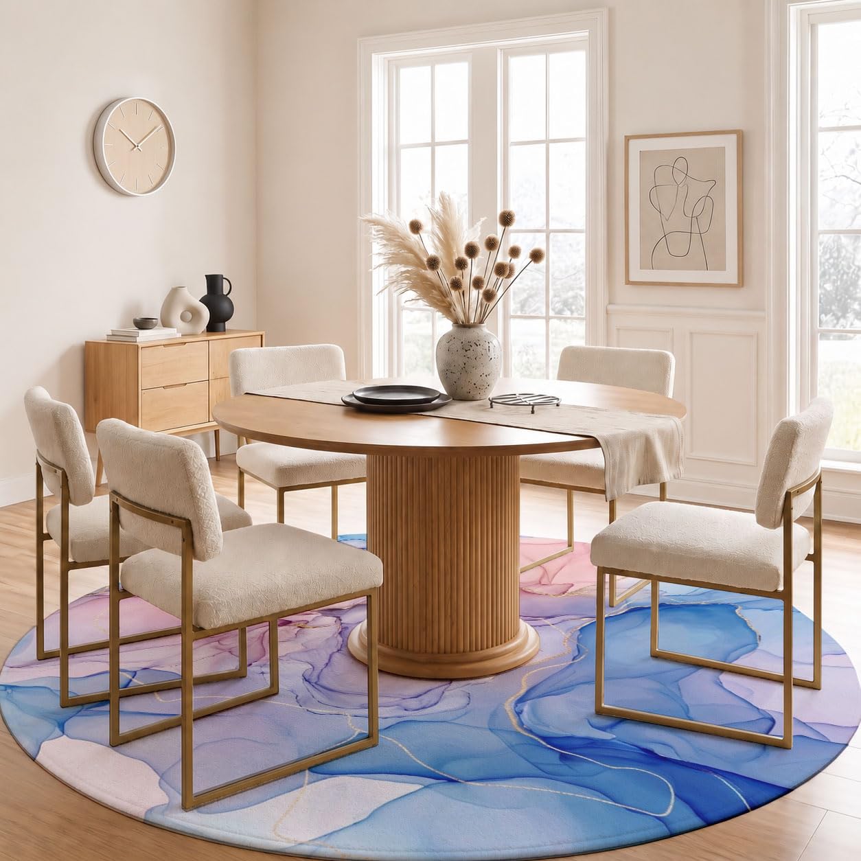 Tapis Rond Blocs De Couleur Dégradés Bleu Rose 120cm | Art Fluide Abstrait Rond Tapis Doux Résistant, Lavable Antidérapant pour Chambre à Coucher Salle à Manger