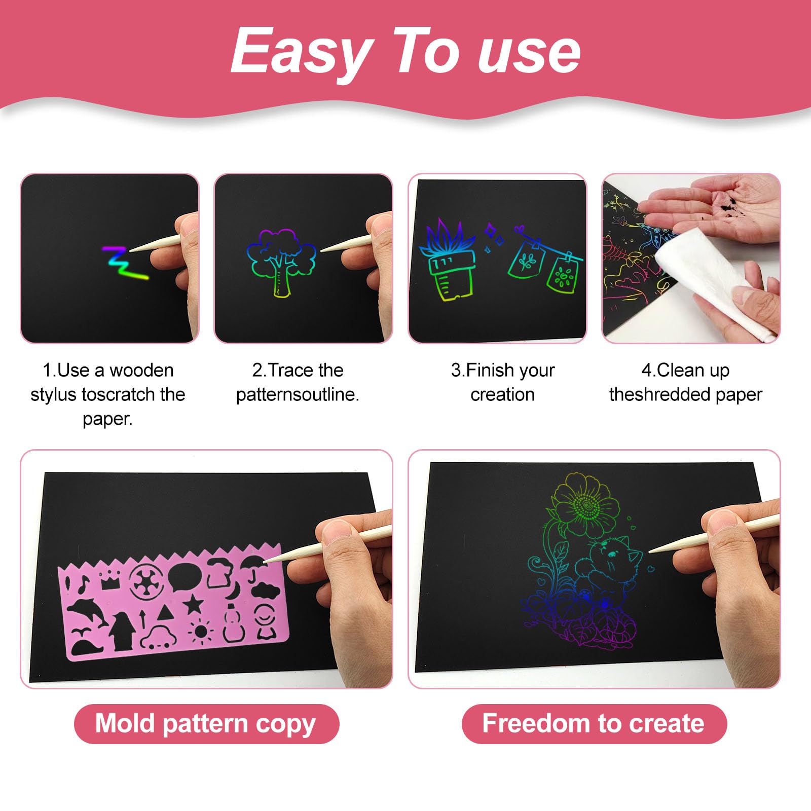 Set de bloc de dibujo para niños de 50 hojas, scratch art | Incluye lápices de madera y plantillas, scratch art paper | Ideal para que los niños dibujen y hagan manualidades DIY