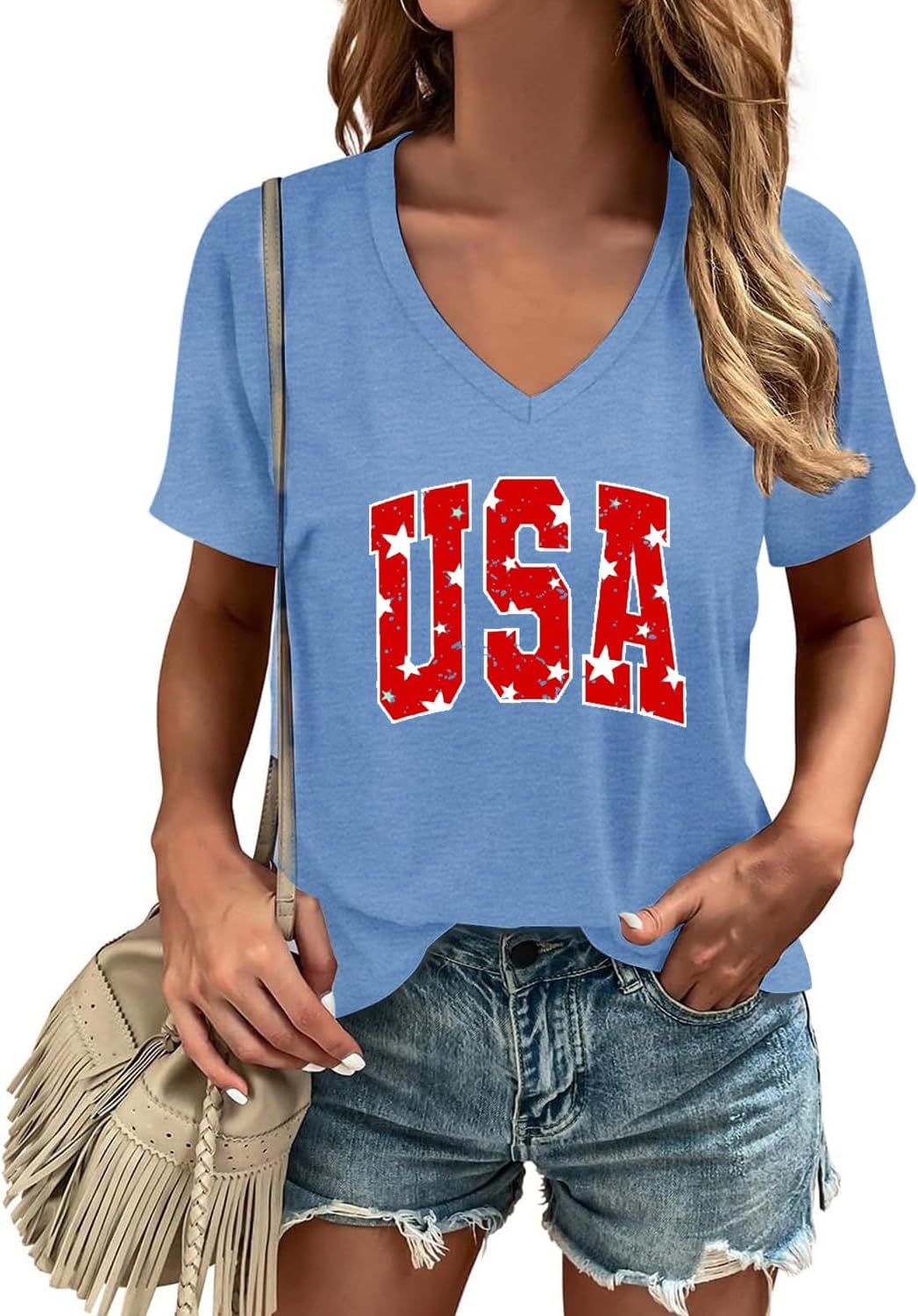 Womens American Flag Shirt USA Patriotic V-Neck T-Shirt 4th of July Short Sleeve Tee