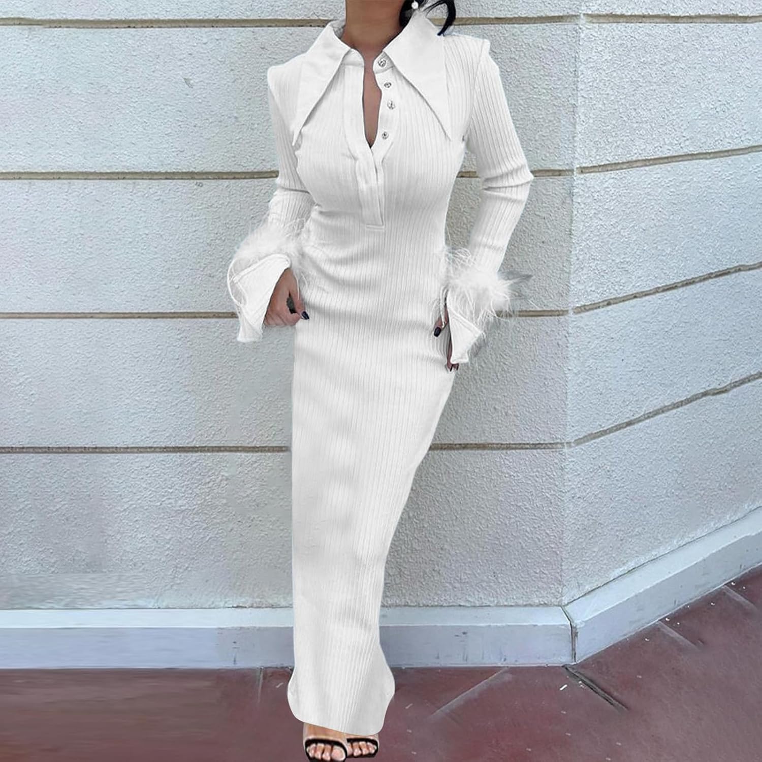 Women Feather Trim Knit Maxi Dress V Neck Slim Dresses with Slit