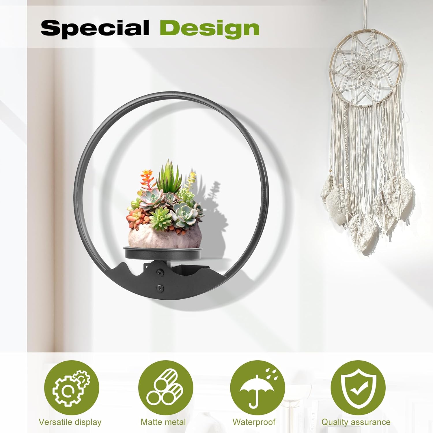 Round Picture Frame Wall Plant Holder Black Wall Hanging Planters Metal Window Plants Shelf Plant for Indoor Outdoor Garden Rockery Decoration 3 Pack