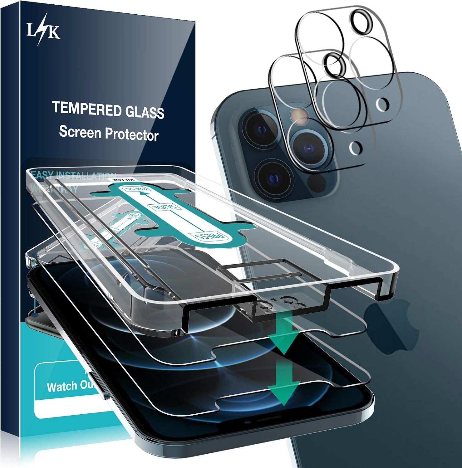 [2+2 Pack] LϟK Compatible for iPhone 12 Pro Max 5G 6.7 inch, 2 Pack Screen Protector and 2 Pack Camera Lens Protector，Installation Kit Included, Tempered Glass 9H Hardness, Bubble-Free
