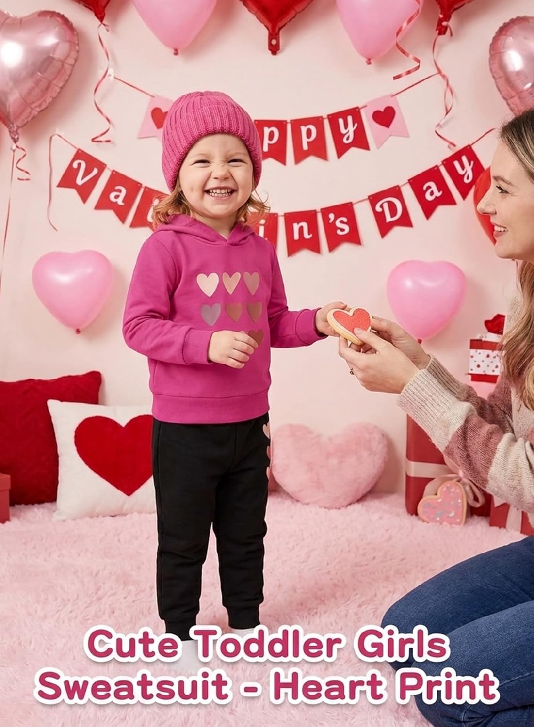 Cute Toddler Girls Sweatsuit - Valentines Heart Print Kids Fall Clothes Set Hoodie Sweatshirt Pants Spring Outfits - Image 2