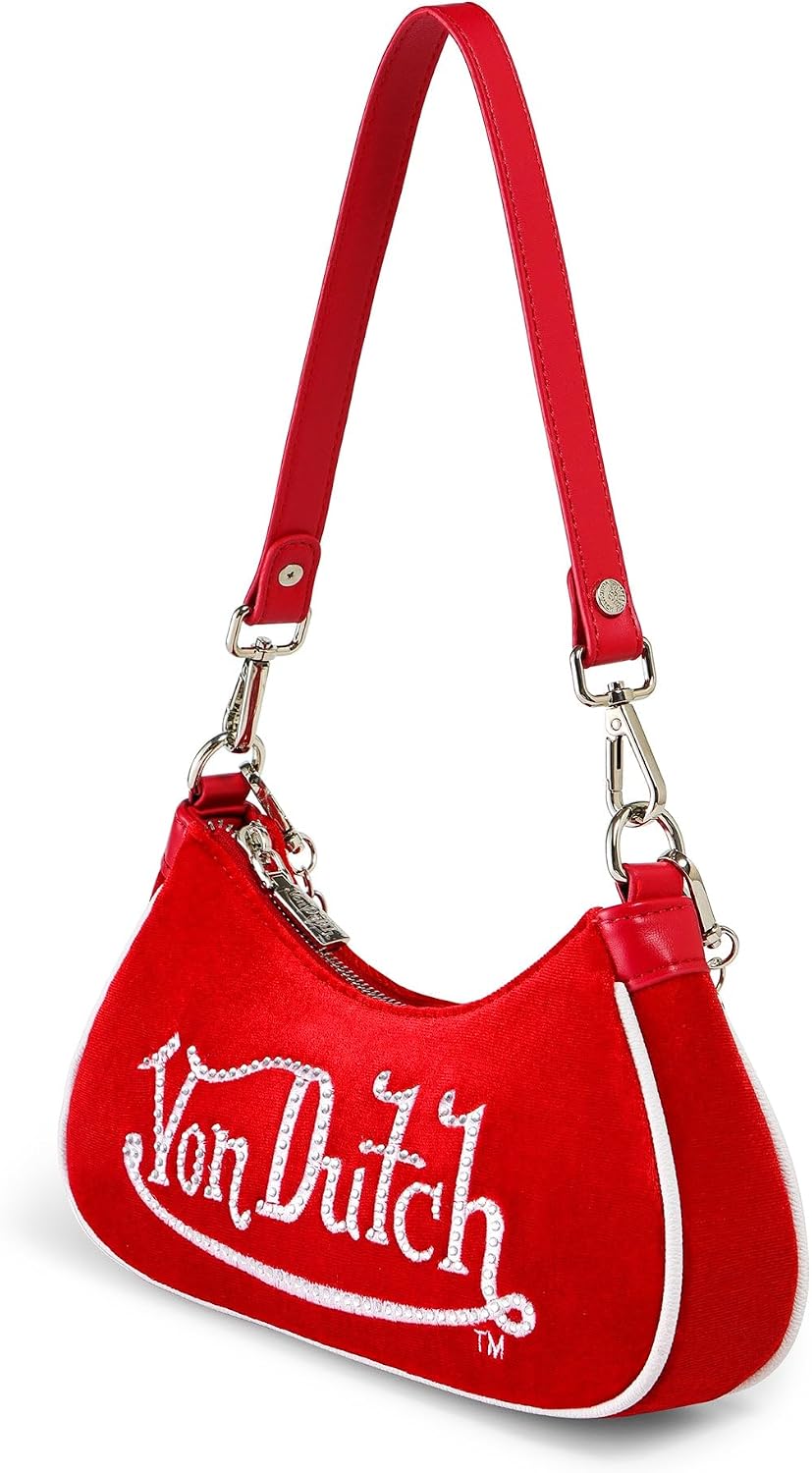 Von Dutch Purse Shoulder Bag, Velvet Handbag Rhinestone Logo and Silver Chain with Wrench