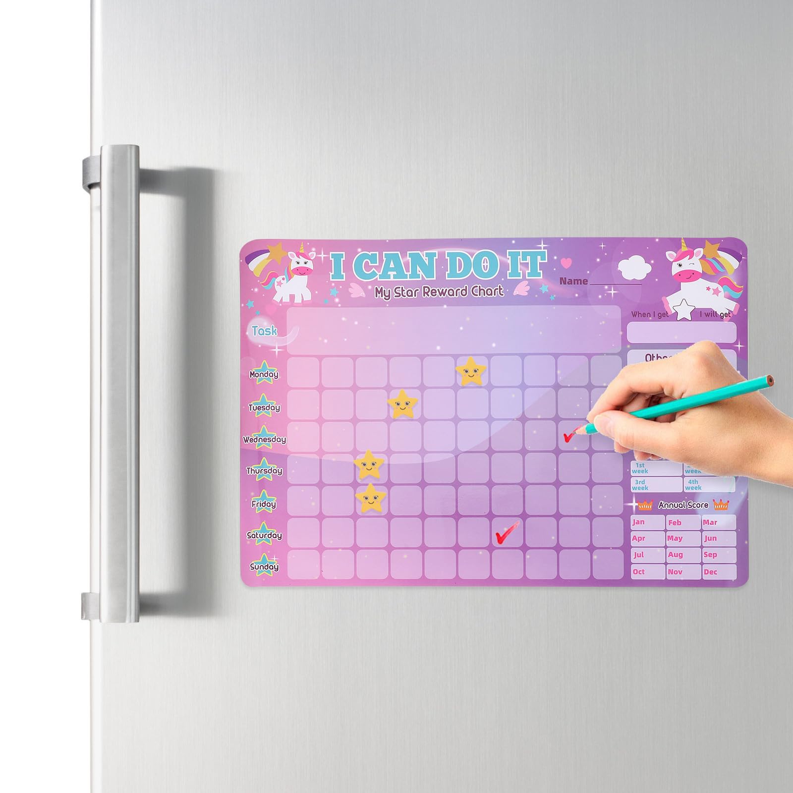 Tabla Magnética de Hábitos Infantil Rosa para Nevera, Seguimiento