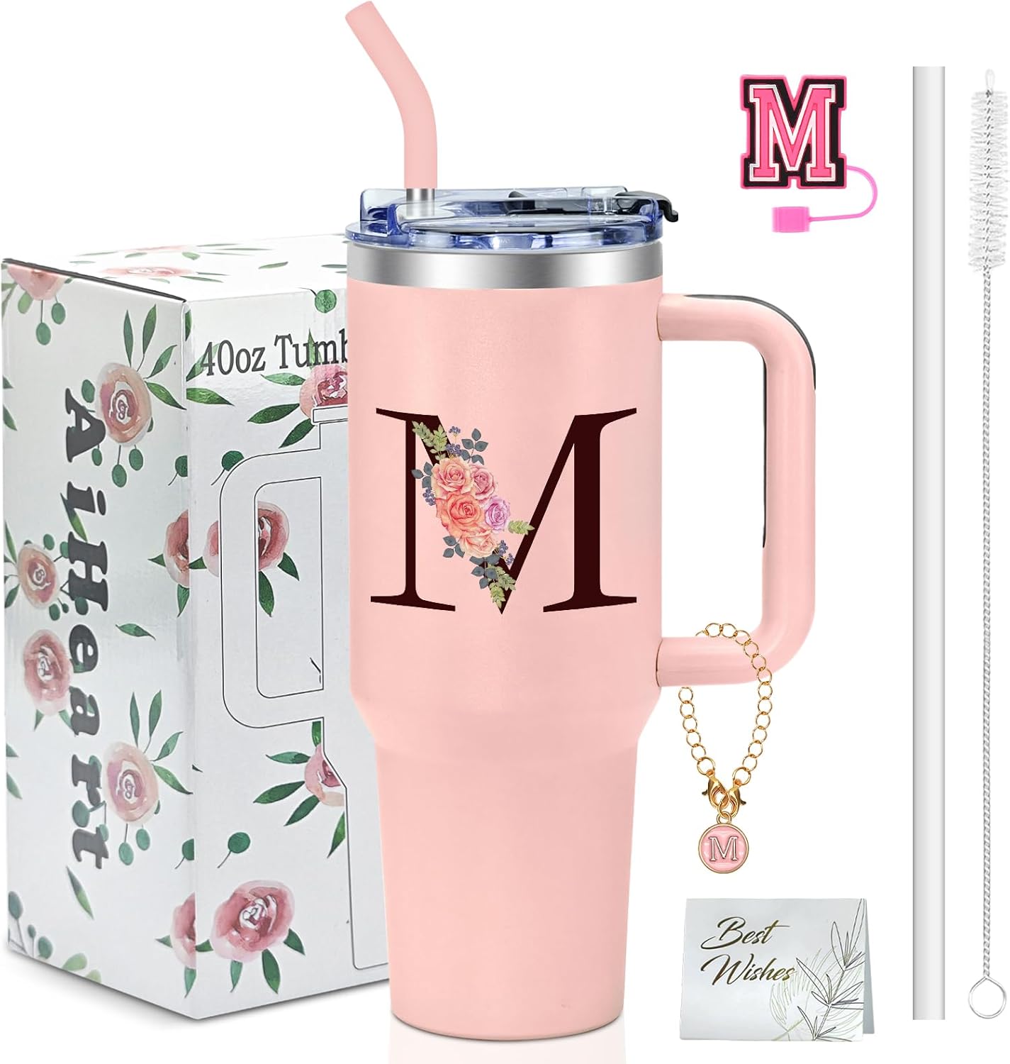 Birthday Gifts for Women,Monogrammed Tumbler with Handle,Personalized Gift for Women,Monogrammed Gifts for Mom,Customized Tumblers For Woman,Cute Tumbler with Straws,Funny Gift for Mom,Aunt-M