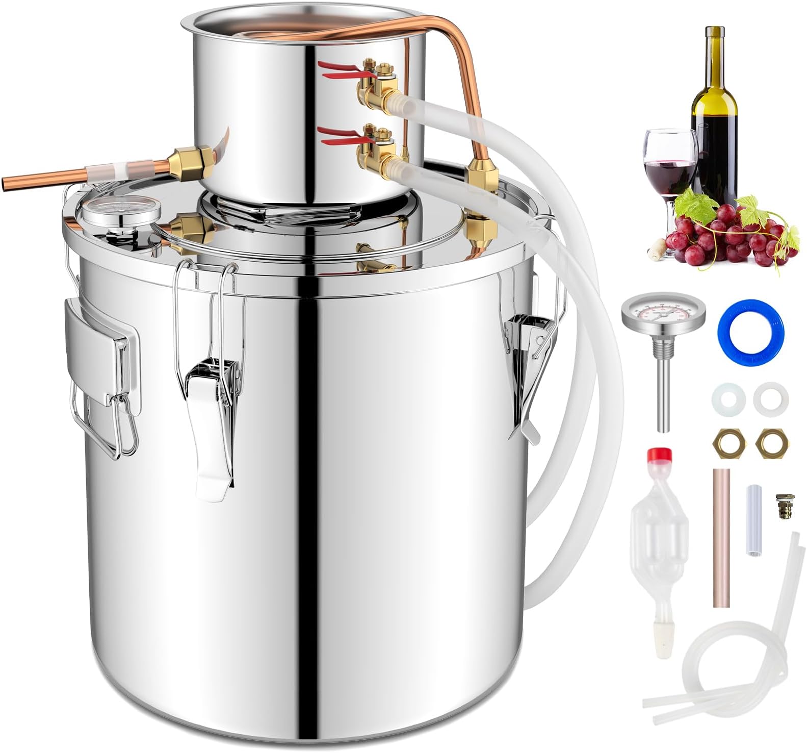 Giantex 5 Gal Alcohol Still, 2 Pots Stainless Steel Alcohol Still w/Built-in Thermometer, Copper Tubes, Multi-purpose Home Brewing Kit for DIY Whiskey, Brandy, Silver