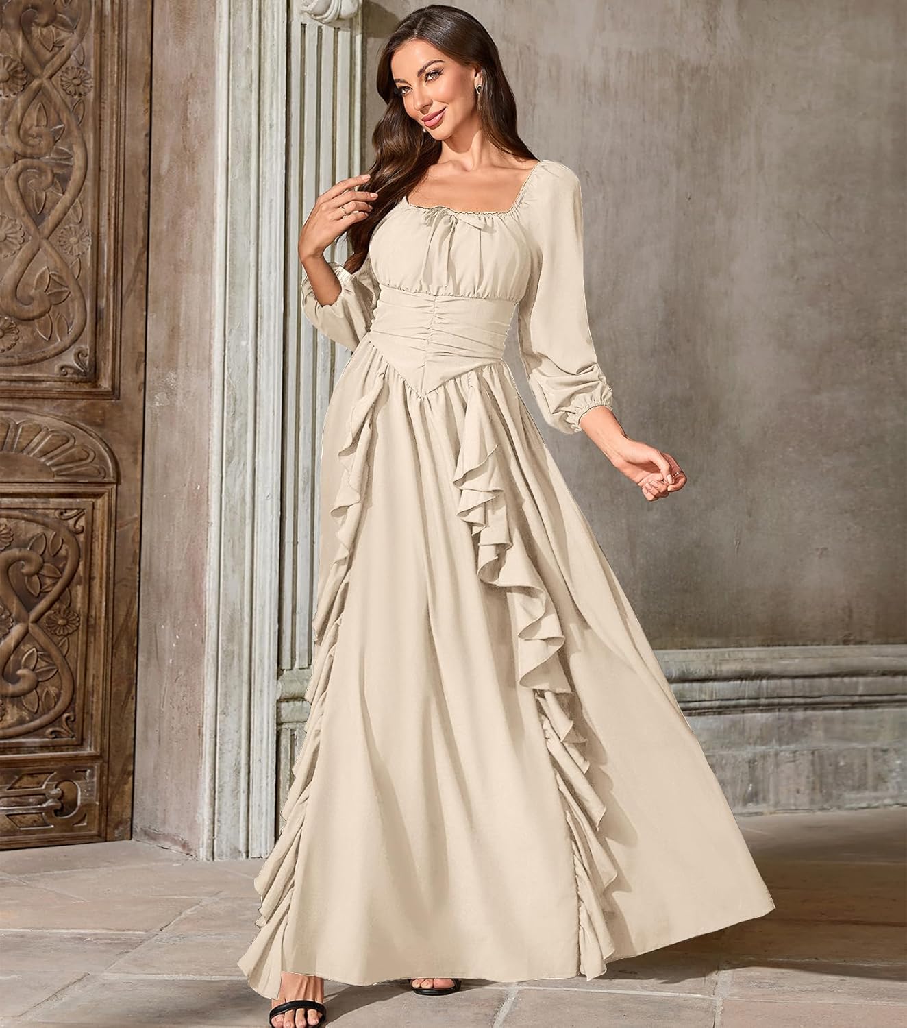 Abaowedding Renaissance Medieval Dress Women Ren Faire Dress, Square Neck, Long Puff Sleeves, Smocked Bodice, Ruffle Details