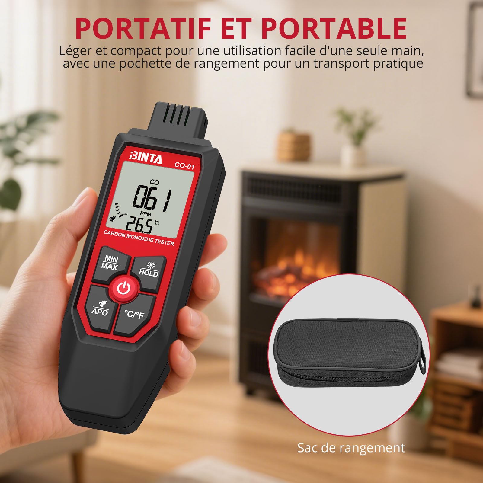BINTA Détecteur CO Portable (0-1000 PPM), Testeur De Monoxyde De Carbone avec Alarme Sonore Et Visuelle, Écran LCD Rétroéclairé, Capteur De Température, pour Maison, Garage, Voiture, Camping