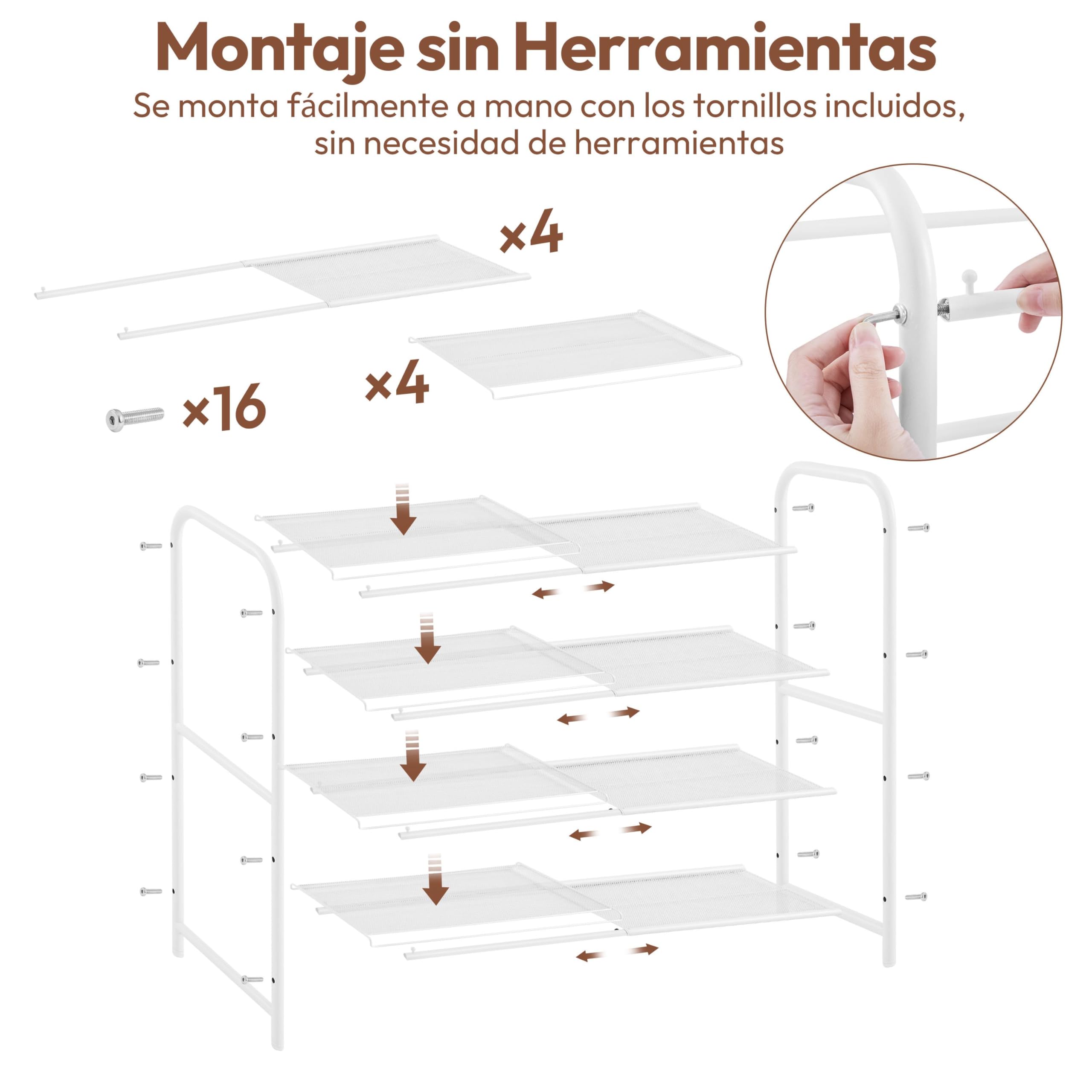 Yaheetech Zapatero Extensible, Estante Zapatos de Malla Metálica de 4 Niveles, Organizador de Zapatos para Entrada, Armario y Pasillo, Ajustable 50-84,5 cm, Capacidad para 15-20 Pares (Blanco)
