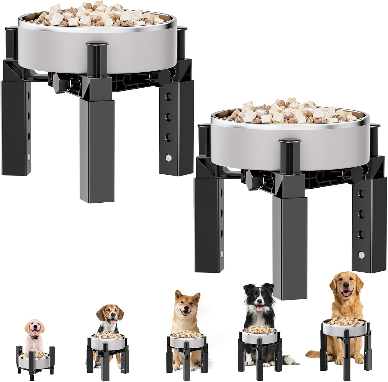 Aystkniet Dog Bowl Stand with Adjustable Height & Width, Anti-Slip Elevated Food Water Bowl Holder for Large Medium Small Dogs, Durable Raised Dog Feeder for Lifted Feeding, 2 Pack (Without Bowls)