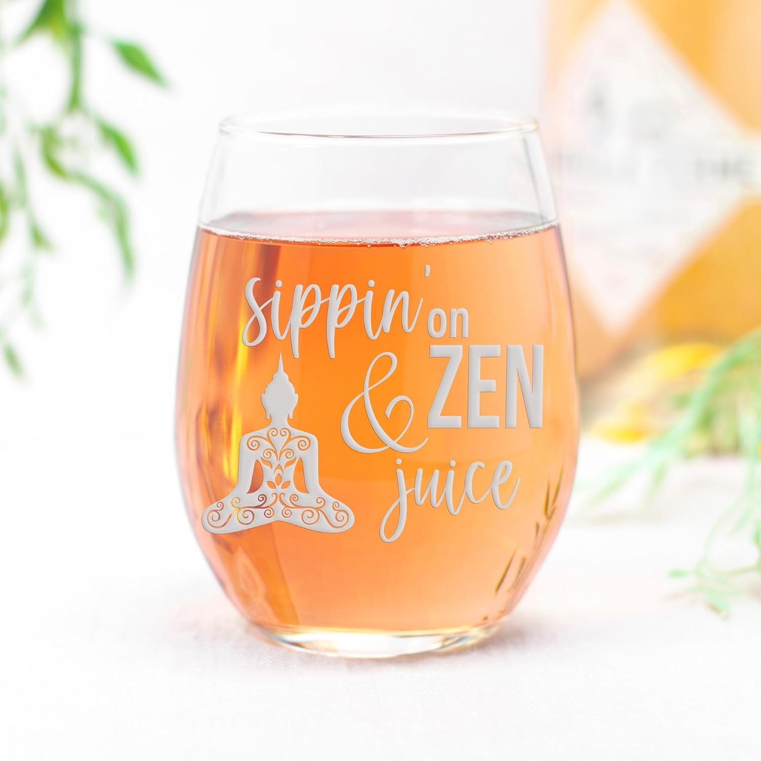 Sippin on Zen and Juice Yoga Stemless Wine Glass - Yoga Gift, Namaste, Relaxation, Pun Gift, Wine Lover, Her, Mother - 2 Glasses
