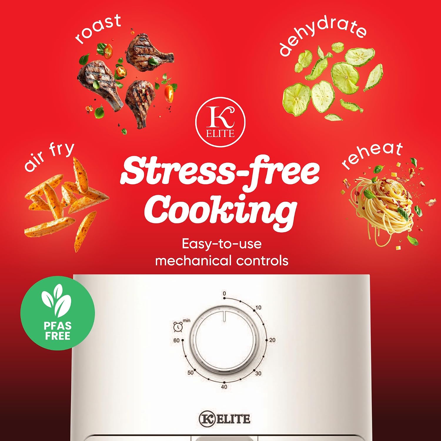 Kitchen Elite Mechanical Air Fryer with Manual Knob Timer, White, 2.2 Qt