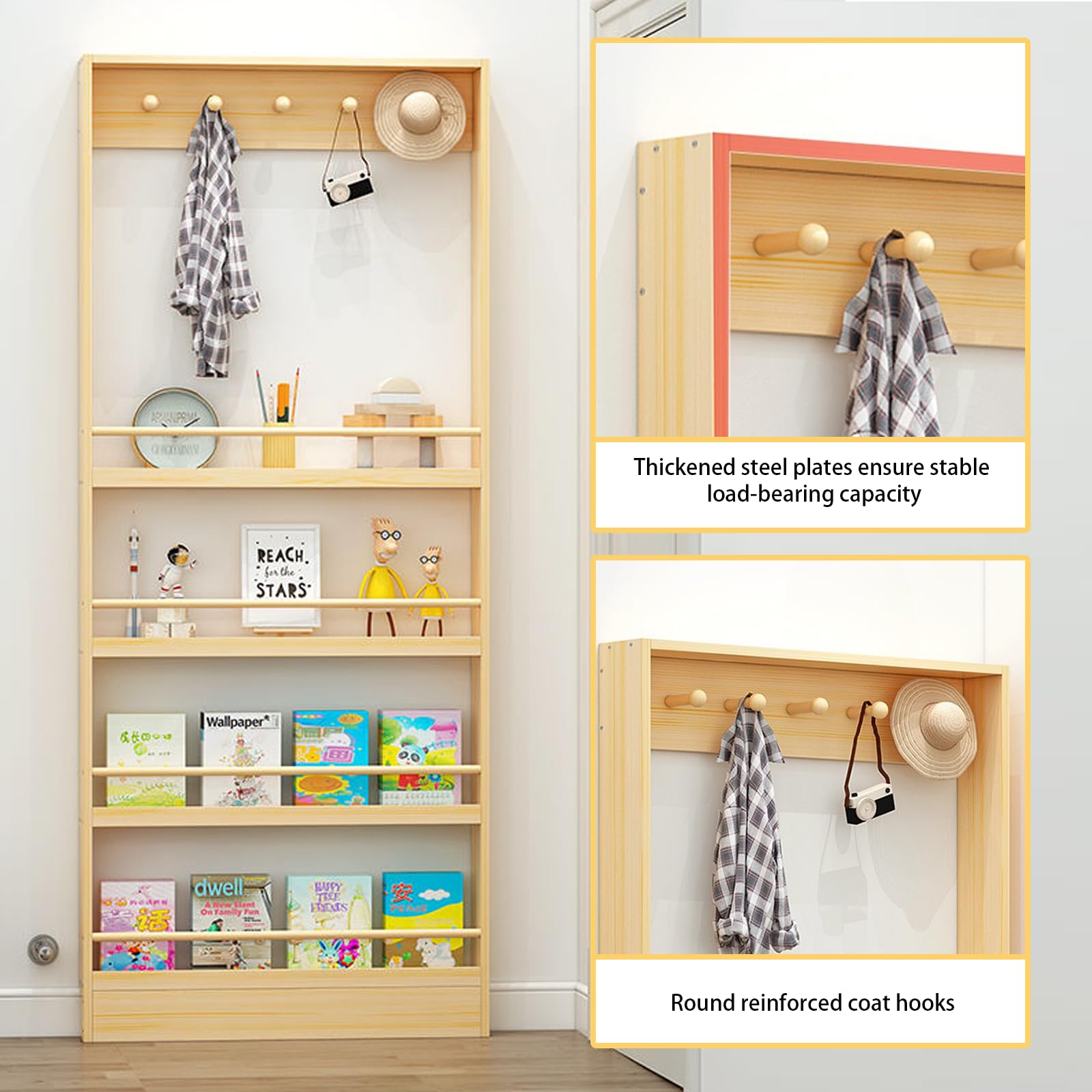Libreria Stretta Dietro la Porta Libreria Ultrasottile con Porta Posteriore Ganci Appendiabiti Rotondi Rinforzati Barra di Protezione e Battiscopa Adatta per l'uso Domestico 4F 39.4IN