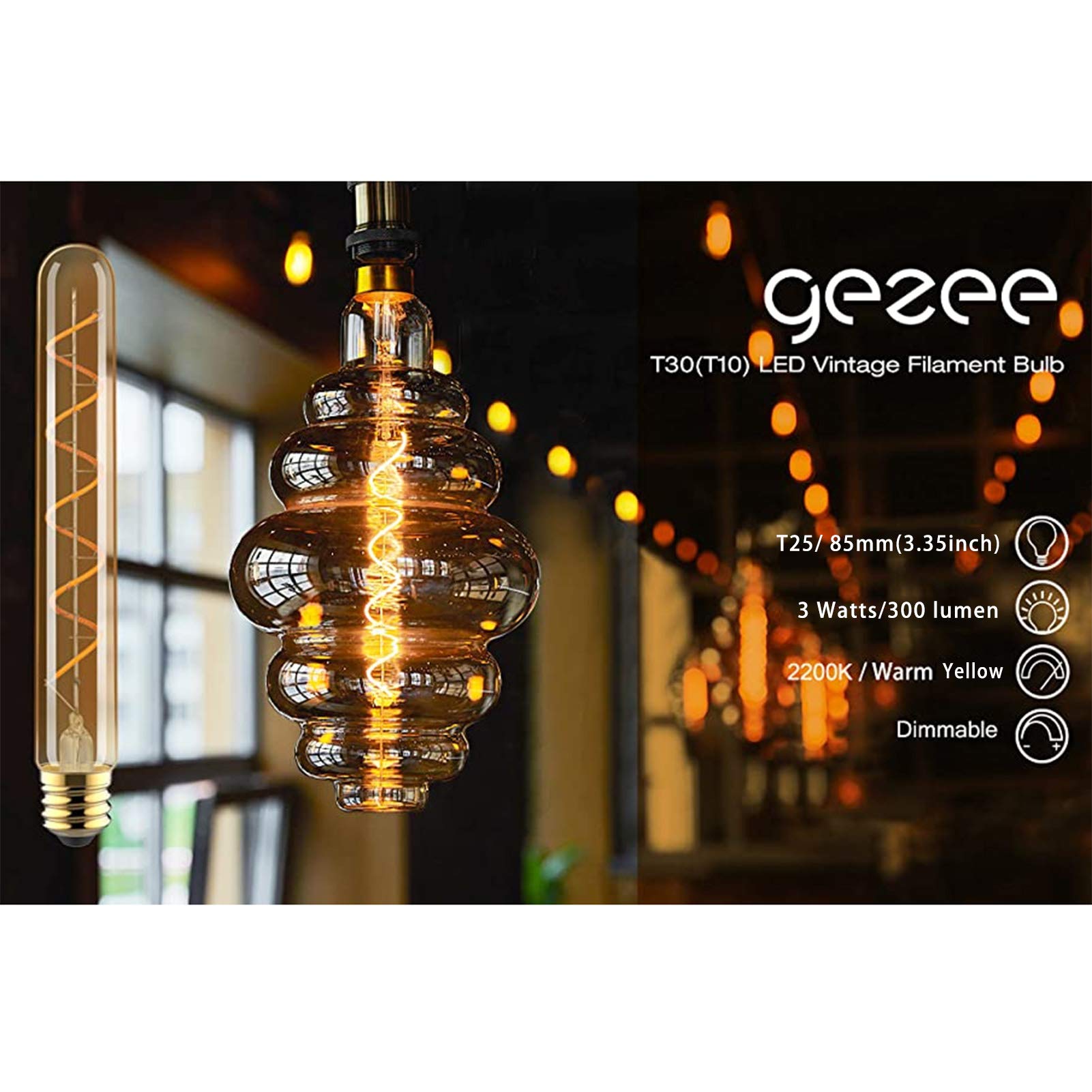Lampadina a filamento LED tubolare stile Edison E14 3 W Lampadina nostalgica T25 dimmerabile, base a vite E14, giallo caldo 2200 k, 360 gradi; Angolo del fascio, confezione 10