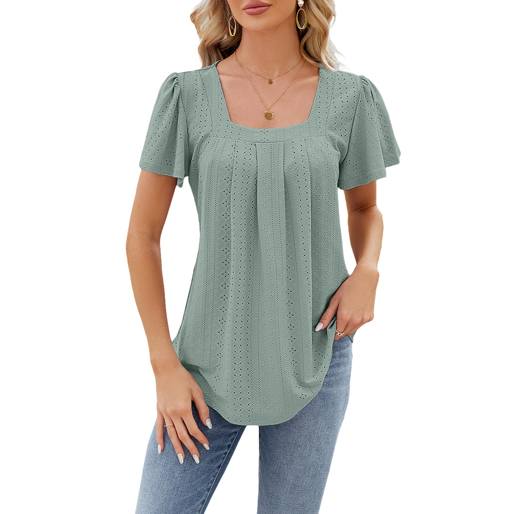 Atxnn Camiseta Mujer de Verano Blusa con Cuello Cuadrado Túnica Tops de Manga Corta con Volantes Camisa Casual Suelta