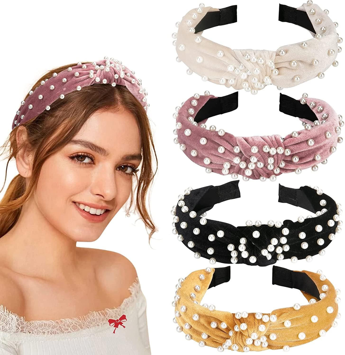Pearl Headbands for Women, Beaded Headband Non Slip Wide Top Knot Head Bands, Black White Pink Gold Headband with Pearls Hair Accessories for Women and Girls Daily Festival Gifts