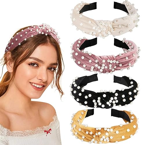Allucho Diademas para mujer diadema anudada diadema de perlas bandas para el cabello con nudo superior ancho accesorios para el cabello de