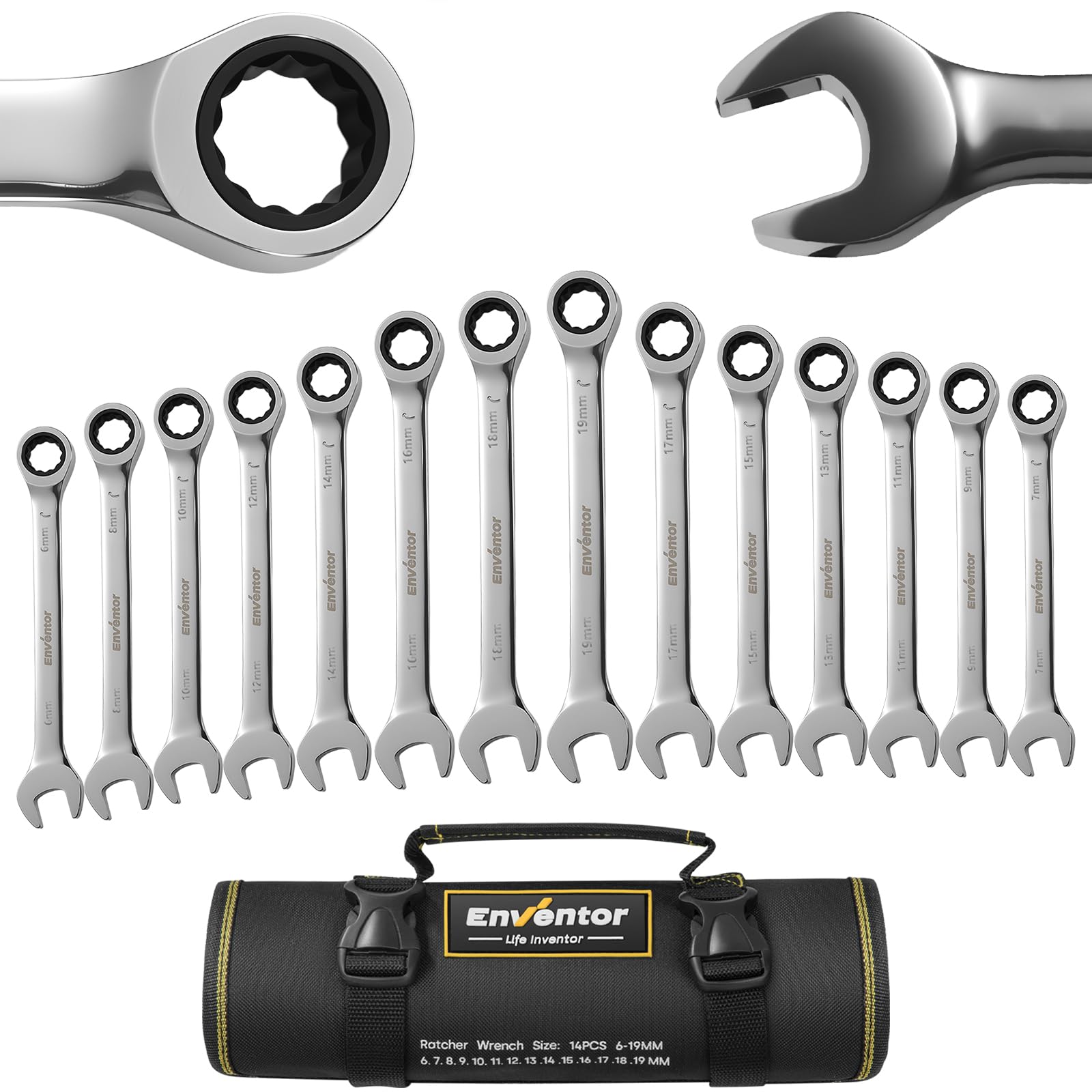 Enventor 14-Piece Ratchet Fixed Spanner Set, Metric Ratchet Combination Spanner Set 6 mm to 19 mm, Chrome Vanadium Steel, 72 Teeth, Fixed Head, 5° Arc, Bag Global Recycled Standard Global Recycled Standard Global Recycled Standard
