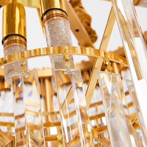 Miniatura 7 de DYNAMI Candelabro de cristal moderno dorado, 23.6 pulgadas, redondo, 5 niveles, cristales transparentes, luces colgantes grandes, altura ajustable