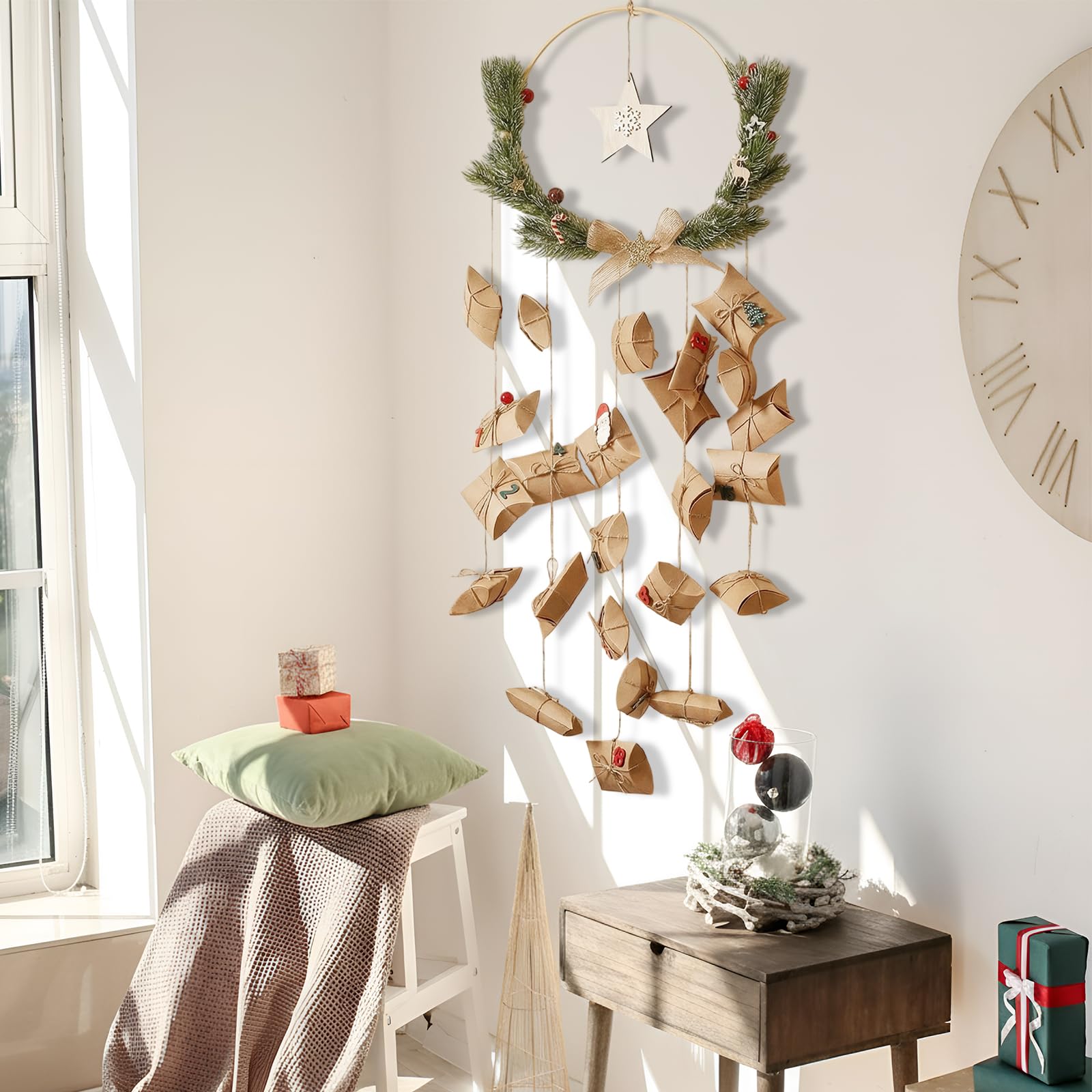 Calendario dell'Avvento natalizio con ghirlanda di Natale e scatole per cuscini in pelle bovina, decorazione natalizia per conto alla rovescia, regali fai da te per la casa e la cameretta dei