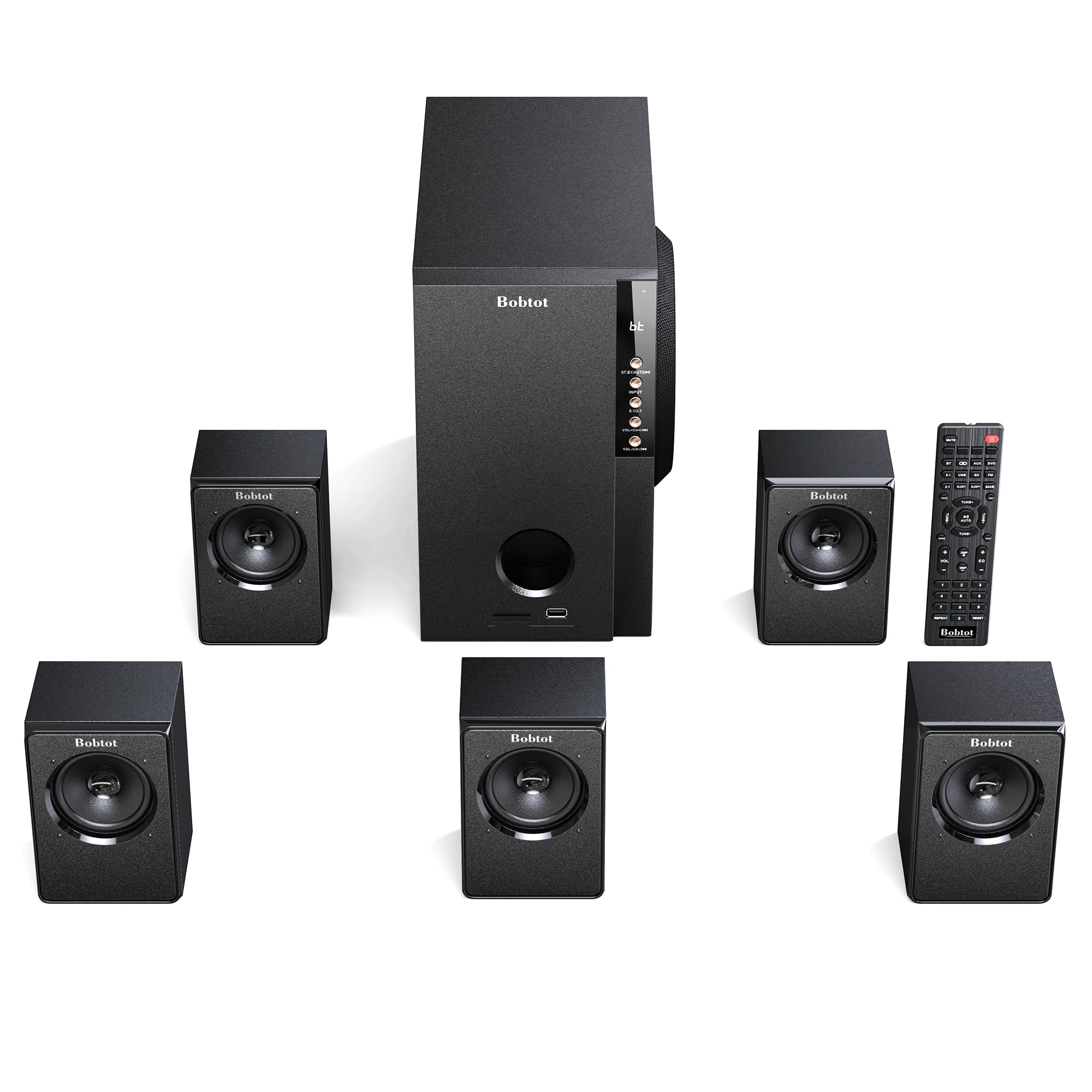 Bobtot Home Theater Systems with 5.25 inch Subwoofer, 5.1 Wired Satellite Surround Sound Speakers, 600 Watts Peak Power Deep Bass Audio Stereo System with FM Radio Bluetooth AUX DVD USB SD Input