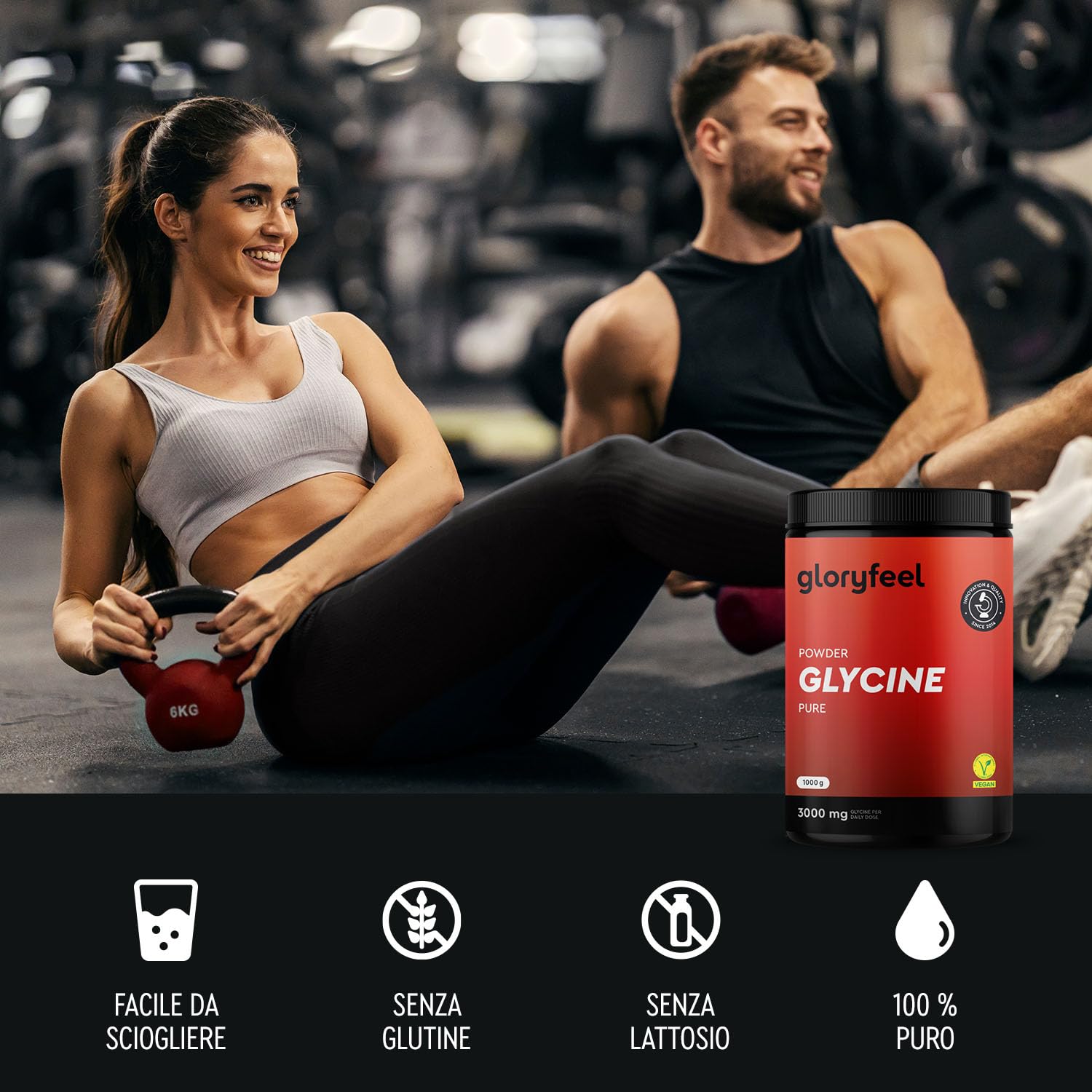 Glicina in Polvere 1 kg (330 Porzioni) - Alta Concentrazione 3000mg di L-Glicina al Giorno - Puro Aminoacido Naturalmente Dolce - Rapida Solubilità - Testata in Laboratorio, Vegan e Senza Additivi