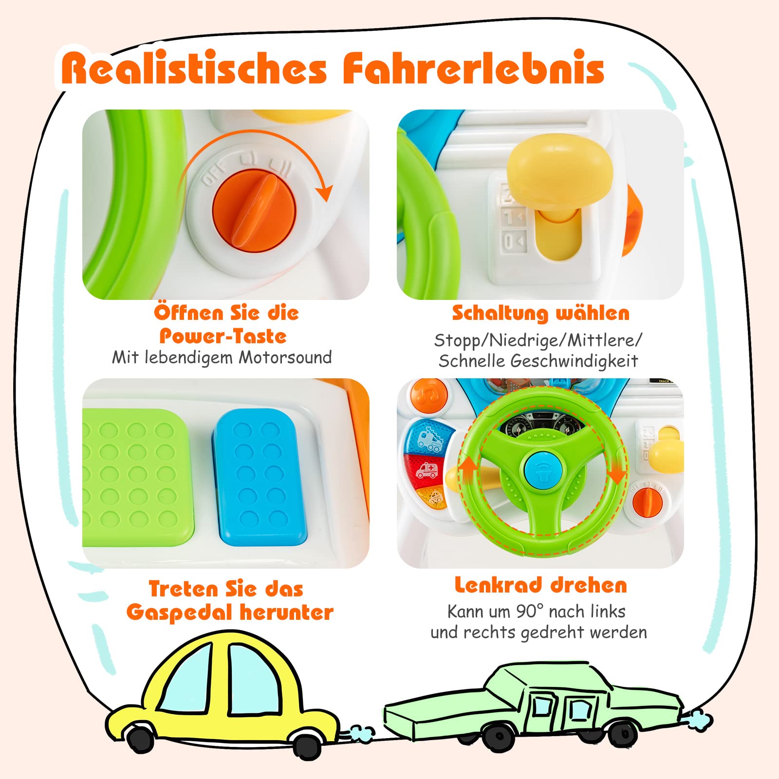 DREAMADE Musikspielzeug zum Cockpit-Thema, Spielzeug Kinder ab 3 Jahre, Lenkrad-Spielzeug mit zyklischer Drehszene, Musik, Sirenengeräuschen & Lichtern