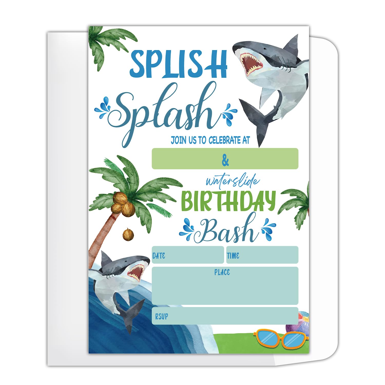 JioJio Chan Shark Attack Birthday Invitation Cards Shark Theme Party Invite Pool Birthday party Invitations Pool Birthday Party Supplies for kids, Shark Tastic, 20 Invitations and Envelopes (J570)