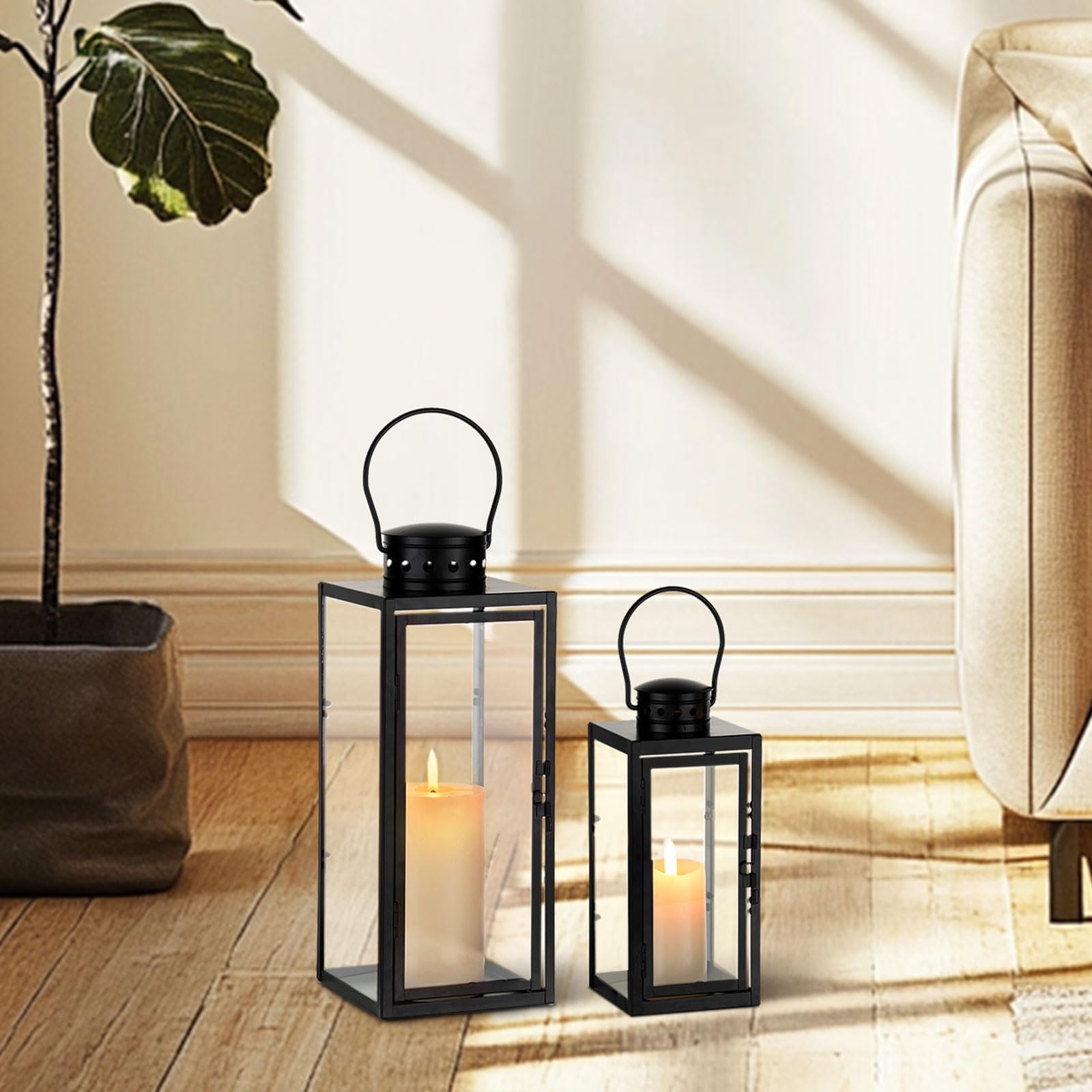 Lanterne per esterni, resistenti alle intemperie, in metallo | Set di 2 lanterne da 24/35 cm, per esterni, cimitero, balcone, giardino, decorazione moderna per soggiorno
