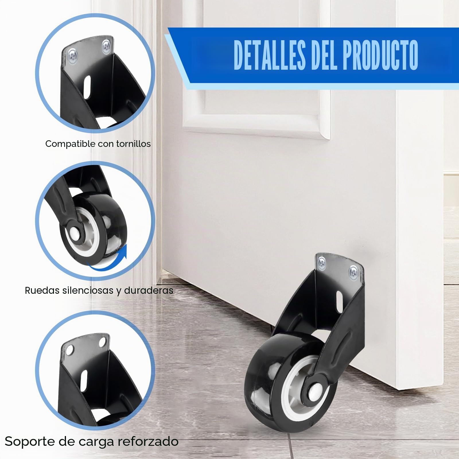 4 piezas de rueda para puerta, ruedas de puerta de carga pesada para soporte de piso de puerta anti-caída, rueda de soporte antideslizante ajustable, ruedas montadas lateralmente, con 12