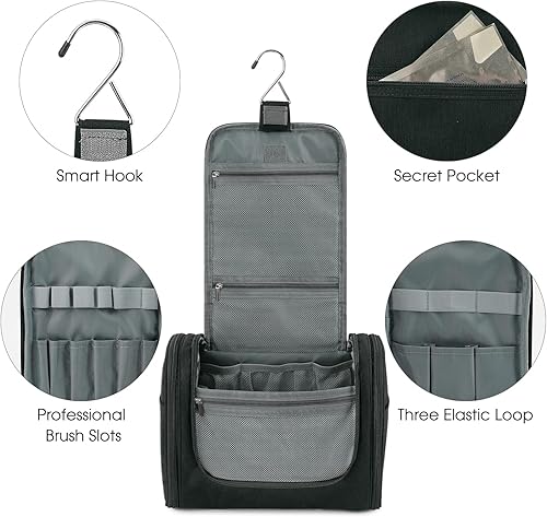 Miniatura 3 de WANDF Neceser colgante grande para viaje, organizador de maquillaje cosmético, resistente al agua, bolsa de baño para mujeres y hombres (negro)