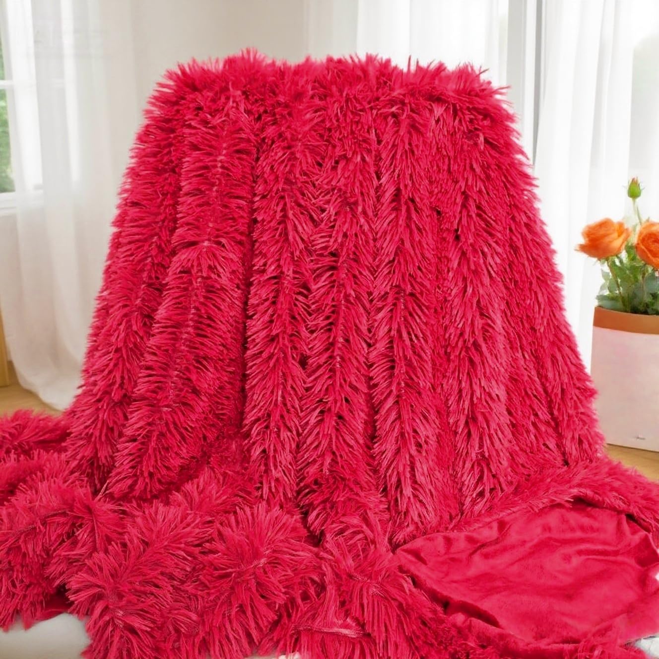 Plush Super Soft Blanket Bedding Sofa Cover Furry Fuzzy Fur Warm Throw Qulit Cozy Couch Blanket for Winter (51x63 Inches,Throw, Pure Red) - Image 2