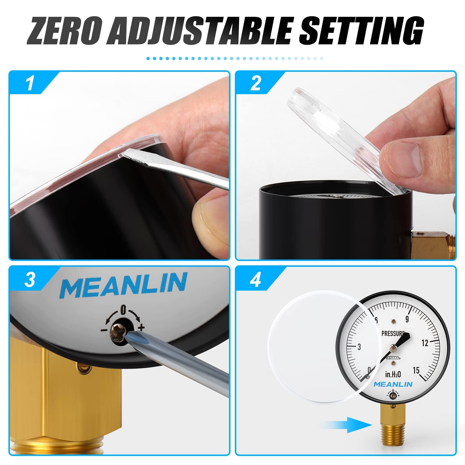 MEANLIN Low Pressure Gauge 0-15 Psi (H2O) - 2-1/4" Dial, 1/4" NPT, Diaphragm Type, Adjustable Water Column Gauge With Bushings - View #5