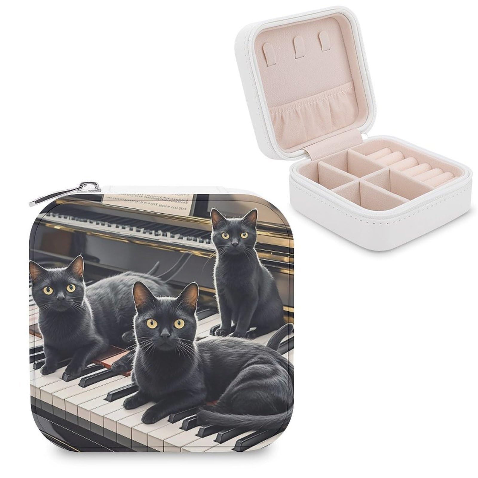Black Cats Lying on The Piano Keyboard Jewelry Box Mini Jewelry Travel Case Trendy Stuff Ring Box Custom PU Leather Jewelry Boxes Portable Jewelry Case Earring Storage Organizer for Girls Women