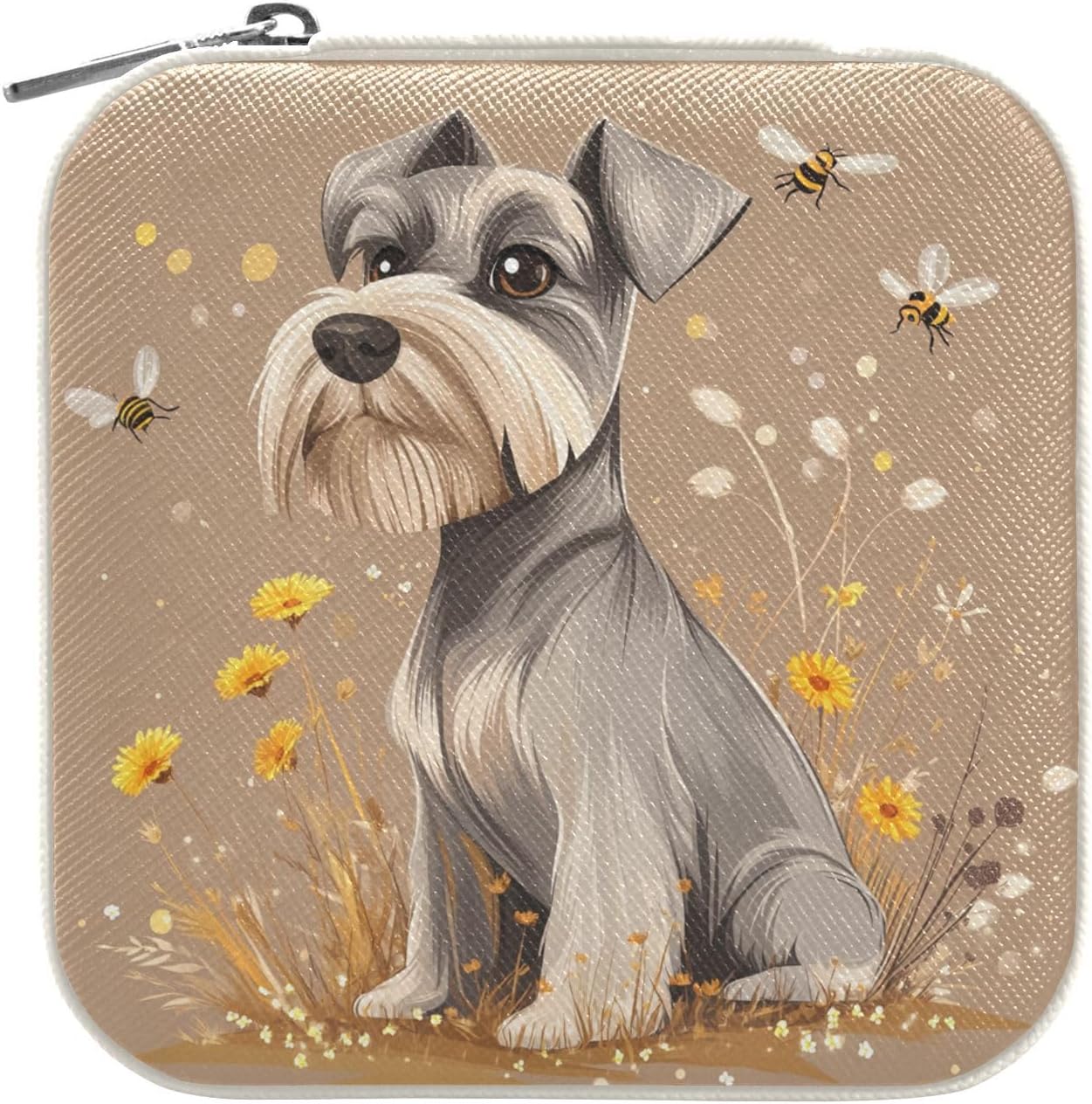 KLL Cartoon Miniature Schnauzer Dogs Brown Portable Leather Jewelry Storage Case for Ladies Travel Jewelry Case Organizer for women's Personalized Gifts