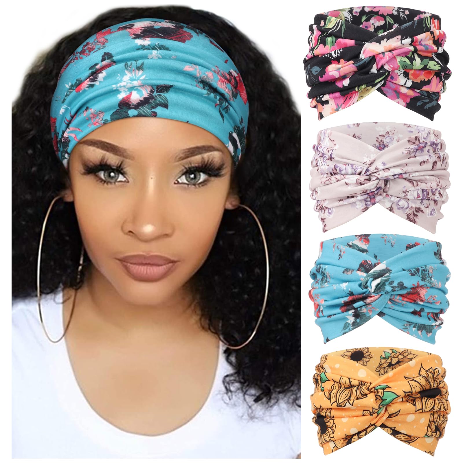 DRESHOW 4 Stück Damen Stirnband Elastische Weiche Stirnbänder Kopfband Haarband Kopf Wickeln Niedlich Haarschmuck für Alltag Yoga Sport Fitness