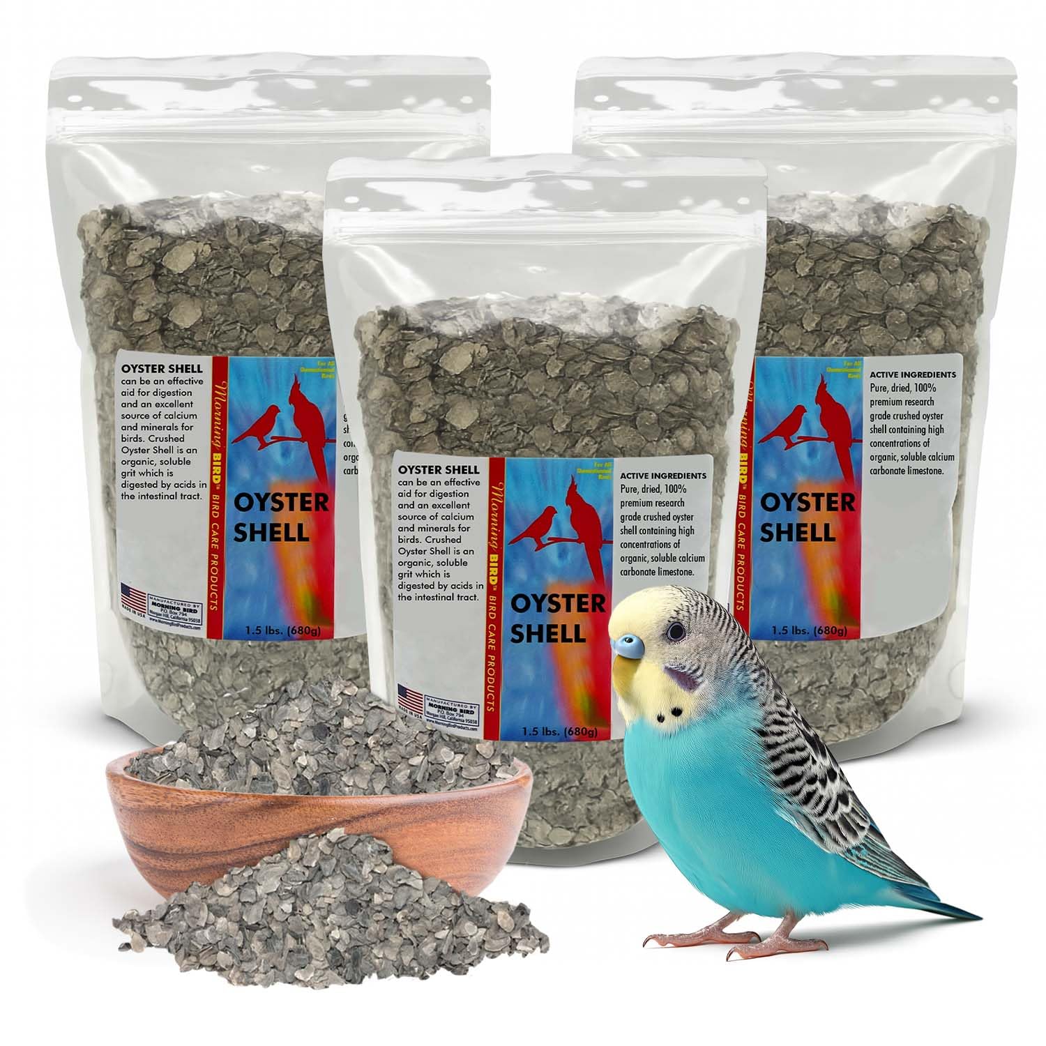 Morning Bird Oyster Shell for Birds 4.5 lbs (3-Pack, 1.5 lbs Each) - Natural Calcium Supplement – Sustainably Harvested from California Coast - Safe Year-Round Bird Food Additive