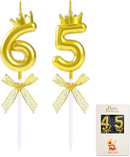 65 & 56 Birthday Candles with Crown, 3D Golden Number 65 Candle Cake Topper with Crown for Happy 65th 56th Birthday Wedding Anniversary Party Celebration Decoration