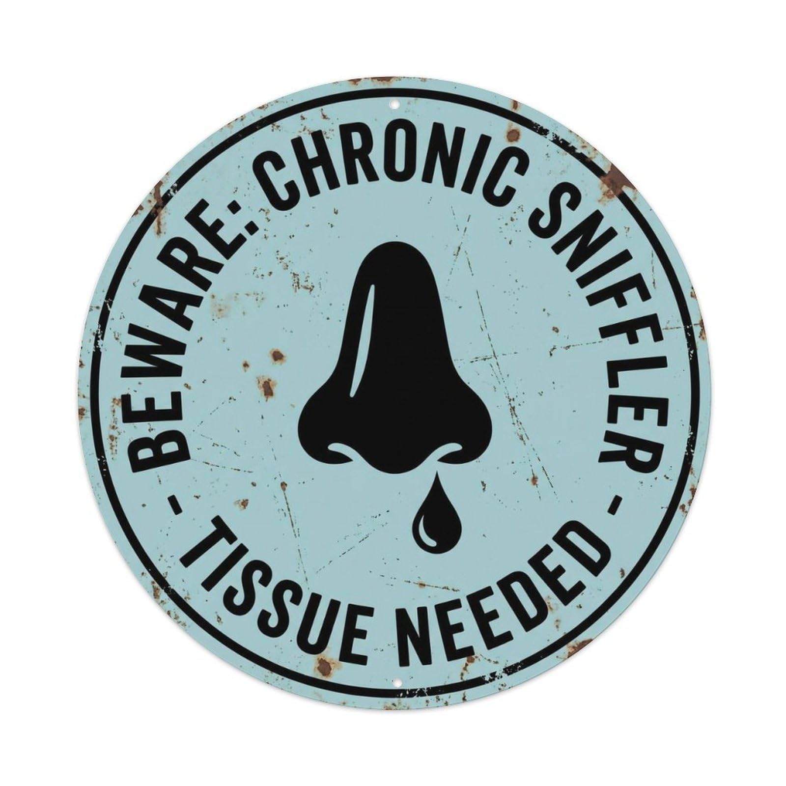 Vintage Funny Beware Chronic Sniffler Warning Metal Tin Sign