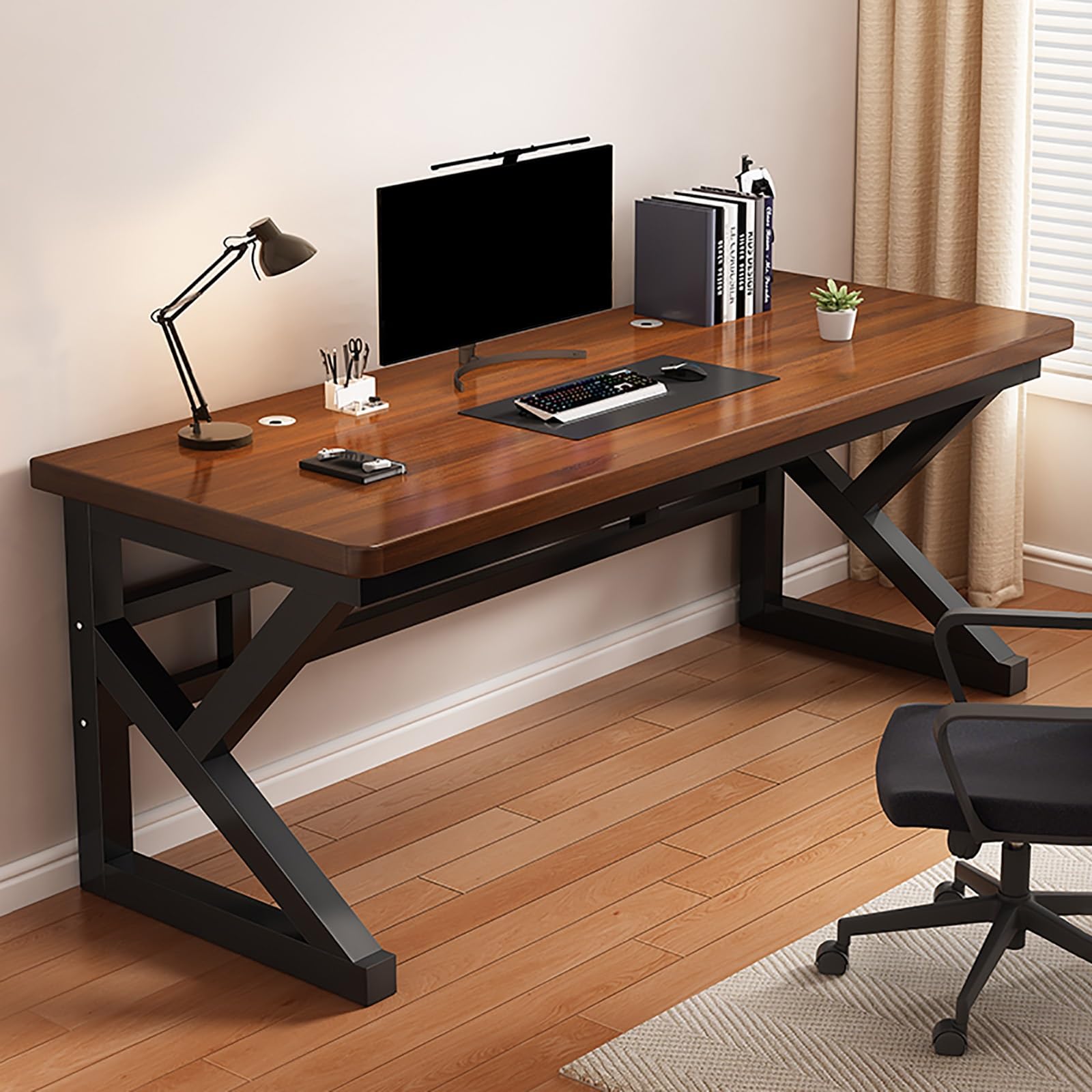 Scrivania da gioco da ufficio, in legno massello con staffa in metallo tipo K, spessore 2,5 cm, design moderno con foro per cablaggio, per uso domestico e ufficio