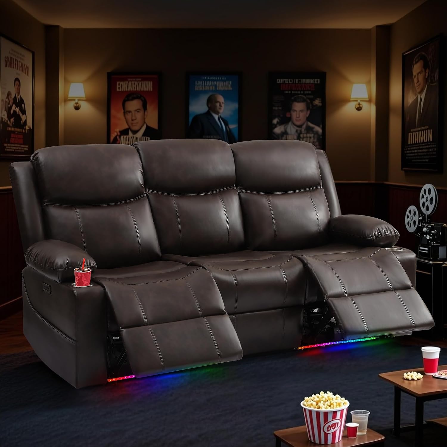 Power Recliner Sofa with LED Lights, USB Charging & Console – PU Leather Wall Hugger Couch for RV, Home Theater & Living Room Electric Reclining Sofa with Cup Holders& Zero-Wall Clearance Design