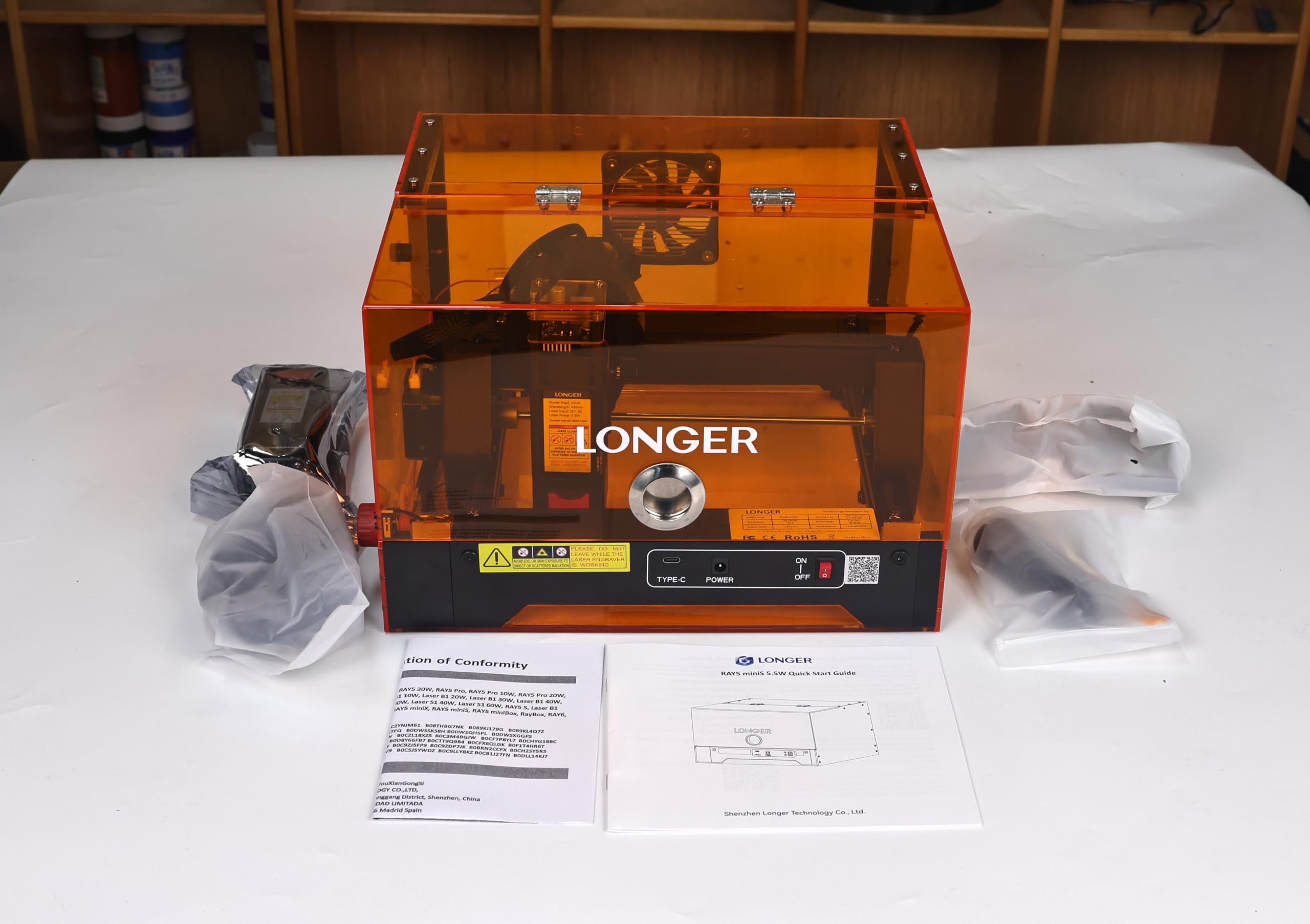 LONGER Ray5 miniS Incisore Laser, Incisore e Taglierina Laser 5,5W Classe 1 con Carcassa Protettiva, WiFi, Arresto Emergenza, per Legno, Metallo, Acrilico e Pelle, 130 x 120 mm