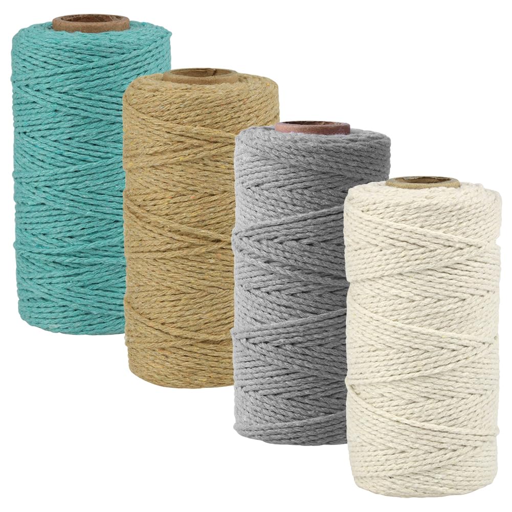 4 Rolls Macrame Cord 3mm x 109Yards, Twisted Macrame Yarn Colored Cotton Rope Craft Cord Colorful Cotton Cord Twine for Wall Hanging Plant Hangers Knitting DIY Projects Gift Wrapping