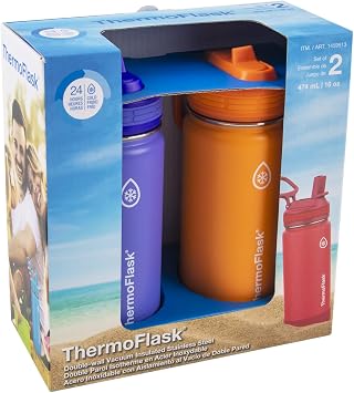 ThermoFlask 16 oz Double Wall Vacuum Insulated Stainless Steel Water Bottle 2-Pack Bundle - Purple/Orange and Red/Blue