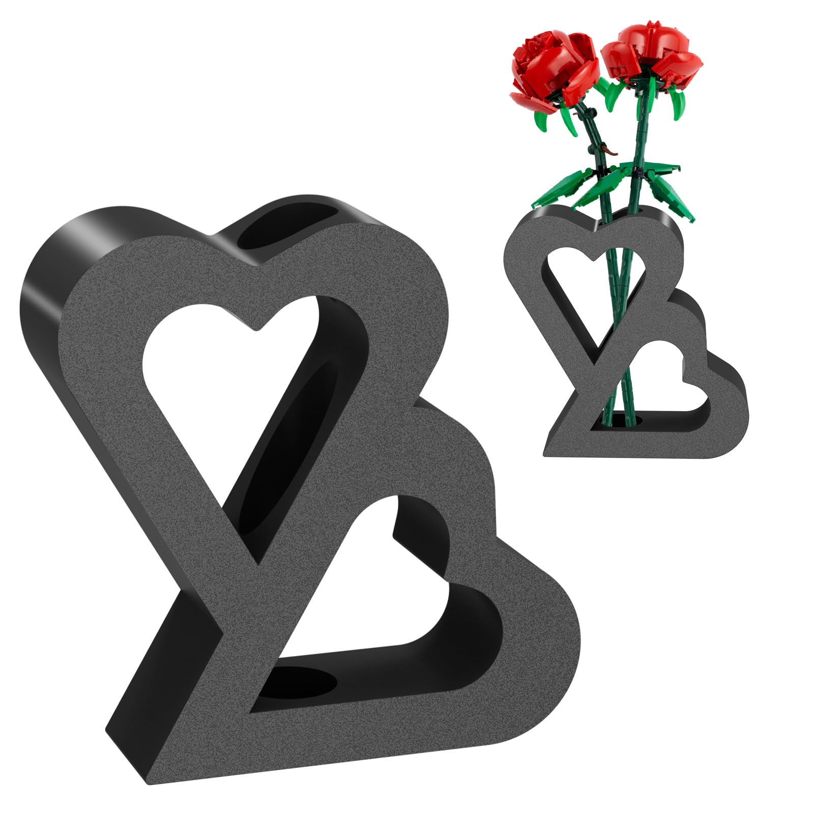 Vase for Lego Flowers, Double Heart Vase for Lego Flower Bouquet Building Set - Display Stand for Lego Roses Cherry Blossom Sunflower Tulips Daffodils Lotus, Gift for Lego Flowers Lover (Black)