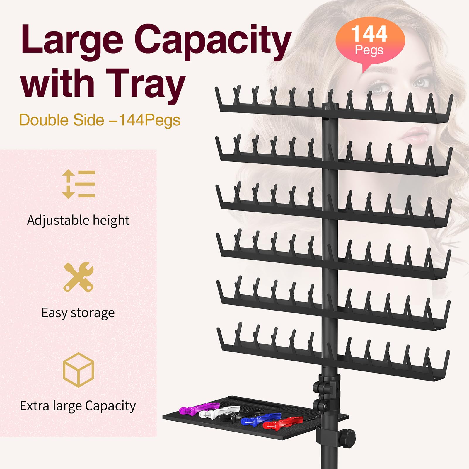Hemndic Braiding Hair Rack with Tray, 144 Pegs, Adjustable Stand