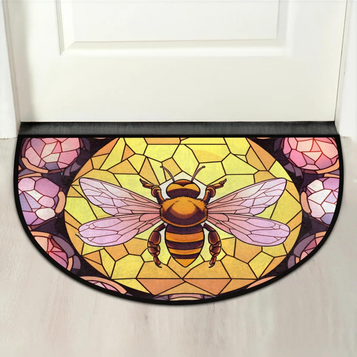 Half Round Door Mat Glass Painting Bee Animal Flowerl Non-Slip Semi Circle Area Rug Washable Half Moon Hearth Rugs for Indoor Outdoor Bathroom Kitchen Patio Runner Mat Laundry Room Home Decoration