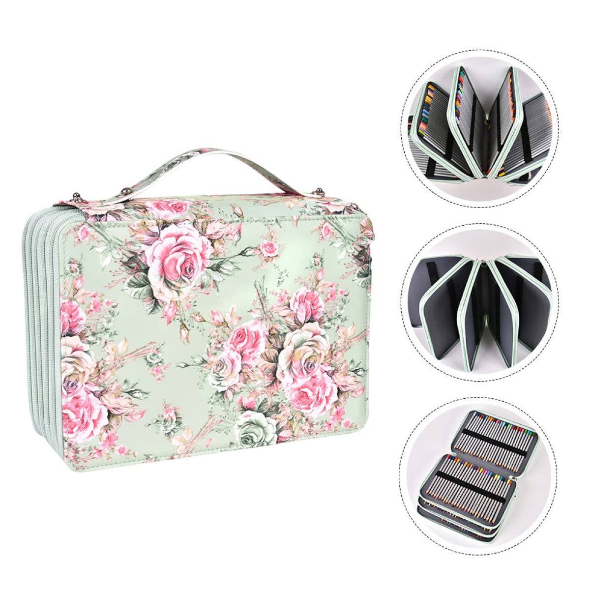 Housoutil Astuccio Portapenne Multistrato Scomparti Manico e Motivo Rosa Realizzato in Pu per Organizzare Pennarelli Matite Colorate e Acquerelli